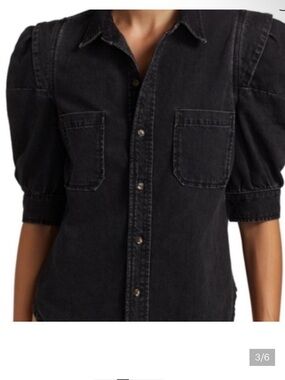 Frame Denim Black Puff-Sleeve Button-Front Top